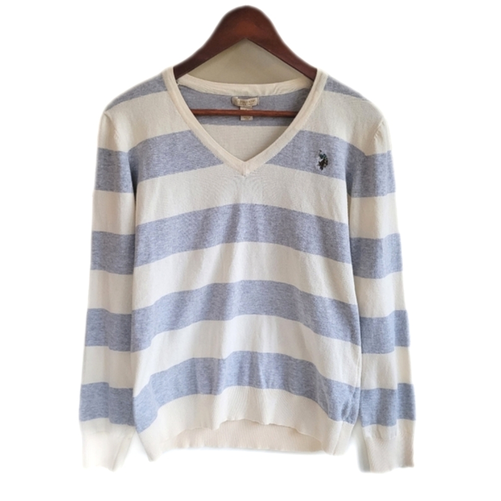 US Polo Assn Striped Vneck Sweater Blue Cream Womens Large